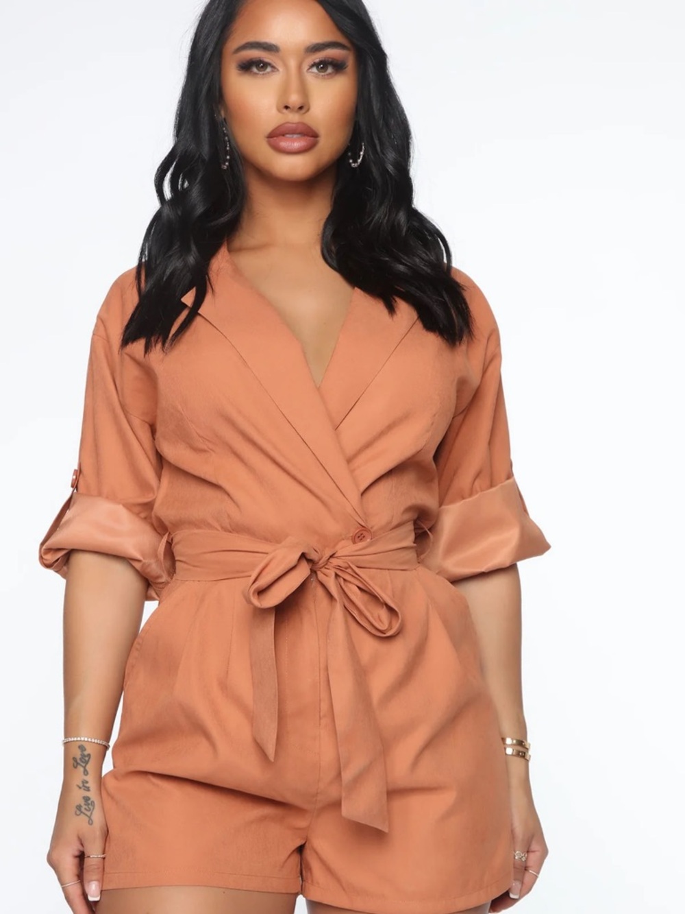 Fashion Nova Rust Tie-Waist Short Romper